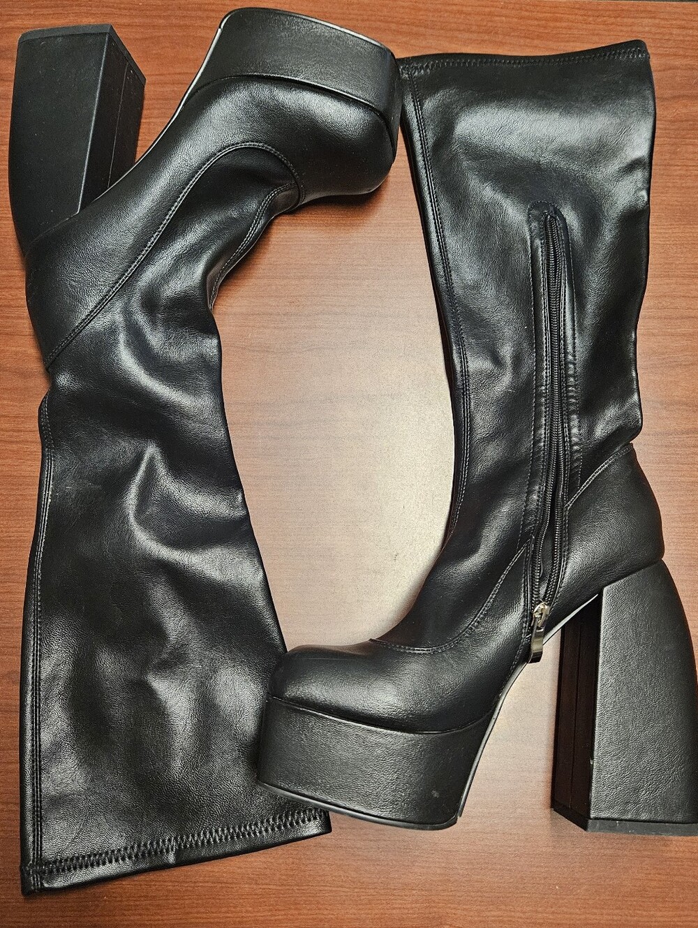 Black High Block Heel Platform Knee Boots - Women